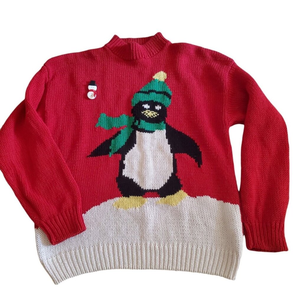 VTG Windcrest 80s Hand Knit Ugly Christmas Sweater Penguin Sz Large L  Holiday